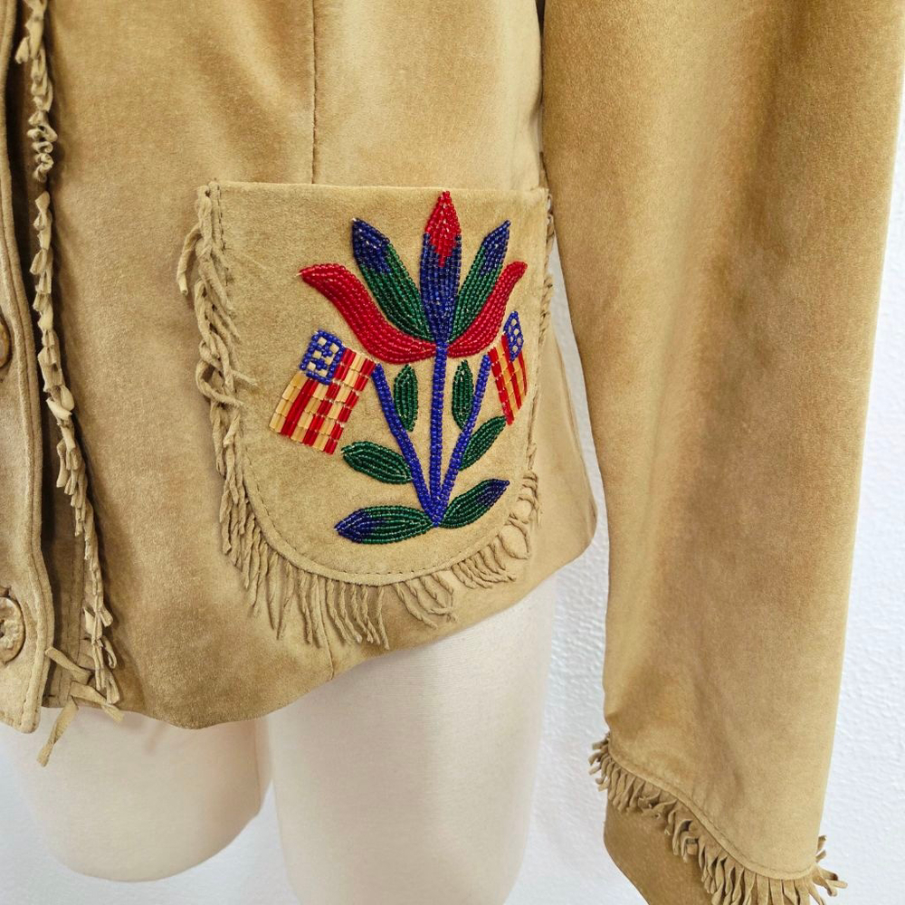 Double D Ranch tan suede fringe western jacket floral beaded button down medium - Picture 5 of 8